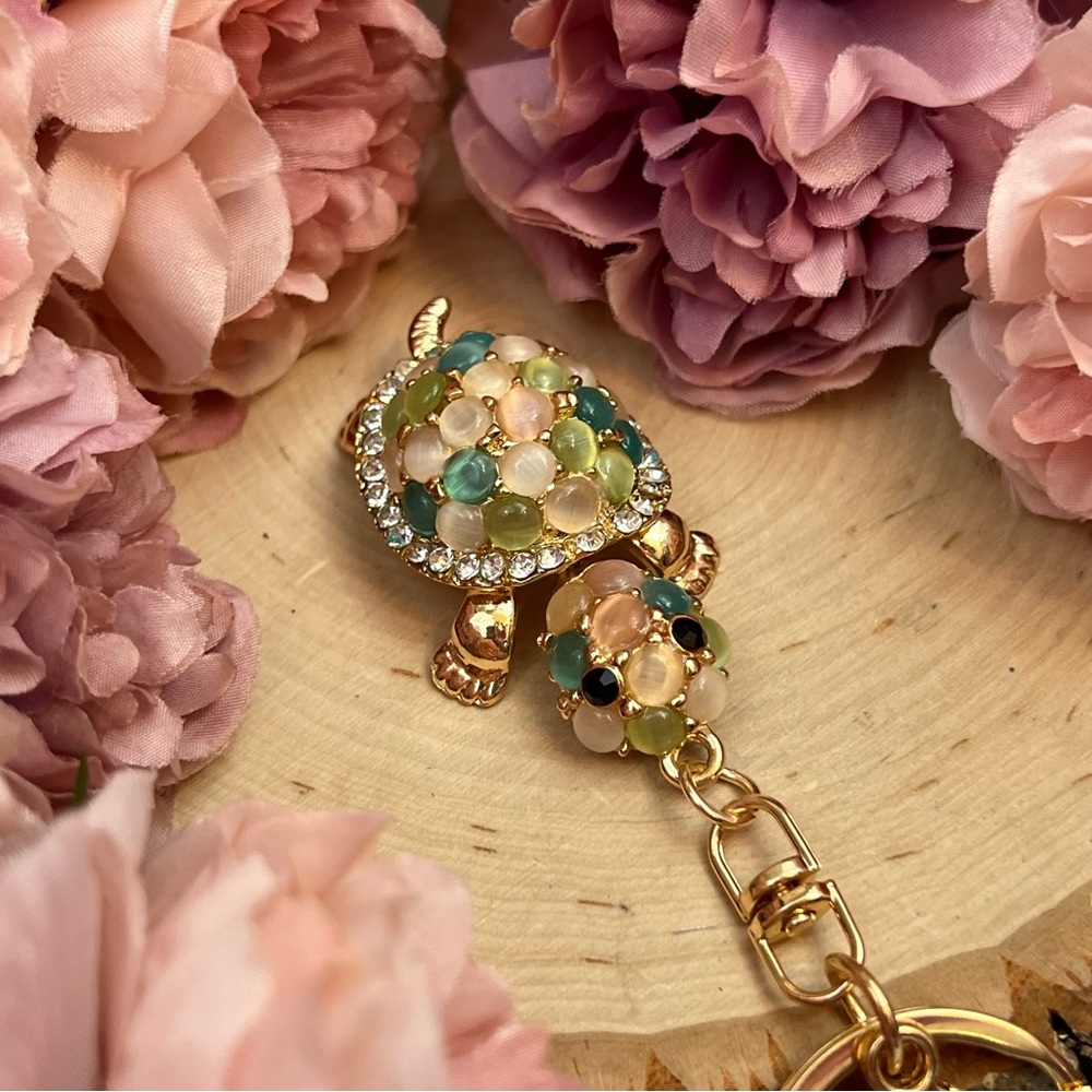 Gorgeous Crystal and Beaded Pastel Turtle Keychain Charm - Picture 9 of 16